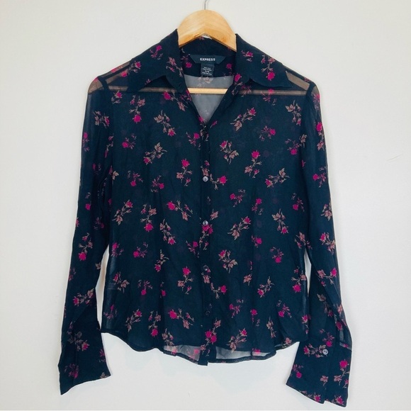 Vintage 90s Express sheer black silk button front rose print top. Size 5-6 - Picture 1 of 4